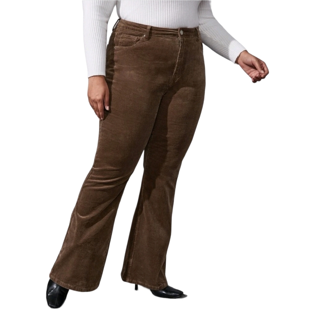 Shein Plus Size 5 Pockets High Waist Brown Corduroy Flare Boot Cut Pants, 2XL - Picture 3 of 5